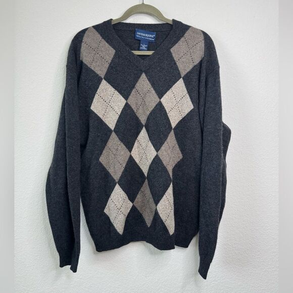 Davis & Squire Men’s Sz L 100% Cashmere Argyle V-Neck Sweater Pullover Grandpa - Picture 1 of 4
